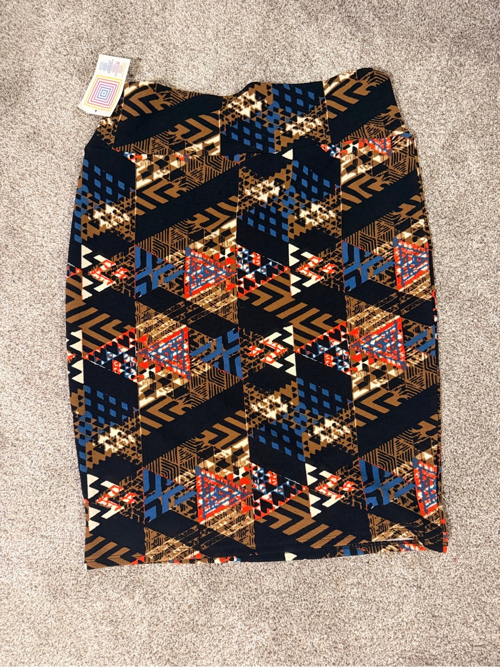 LuLaRoe Geometric Print Pencil Skirt in Black, Blue & Brown with Red Accents